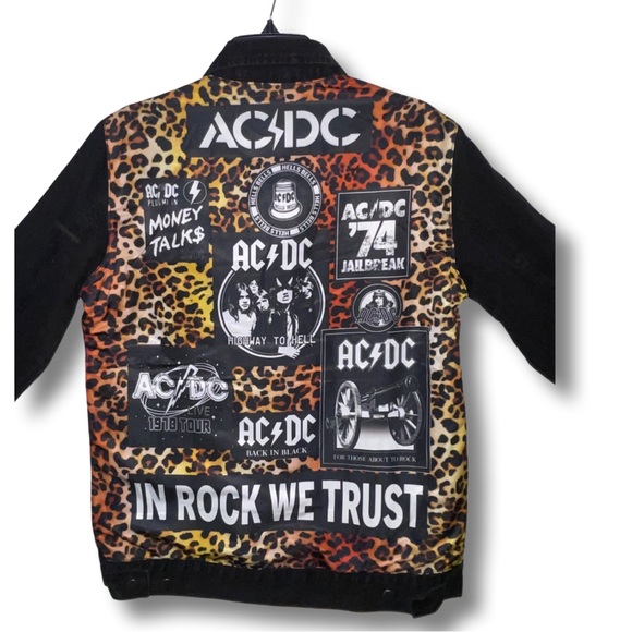 AC/DC Black Denim Leopard Print Jacket Small NWT Album Titles - Picture 4 of 4